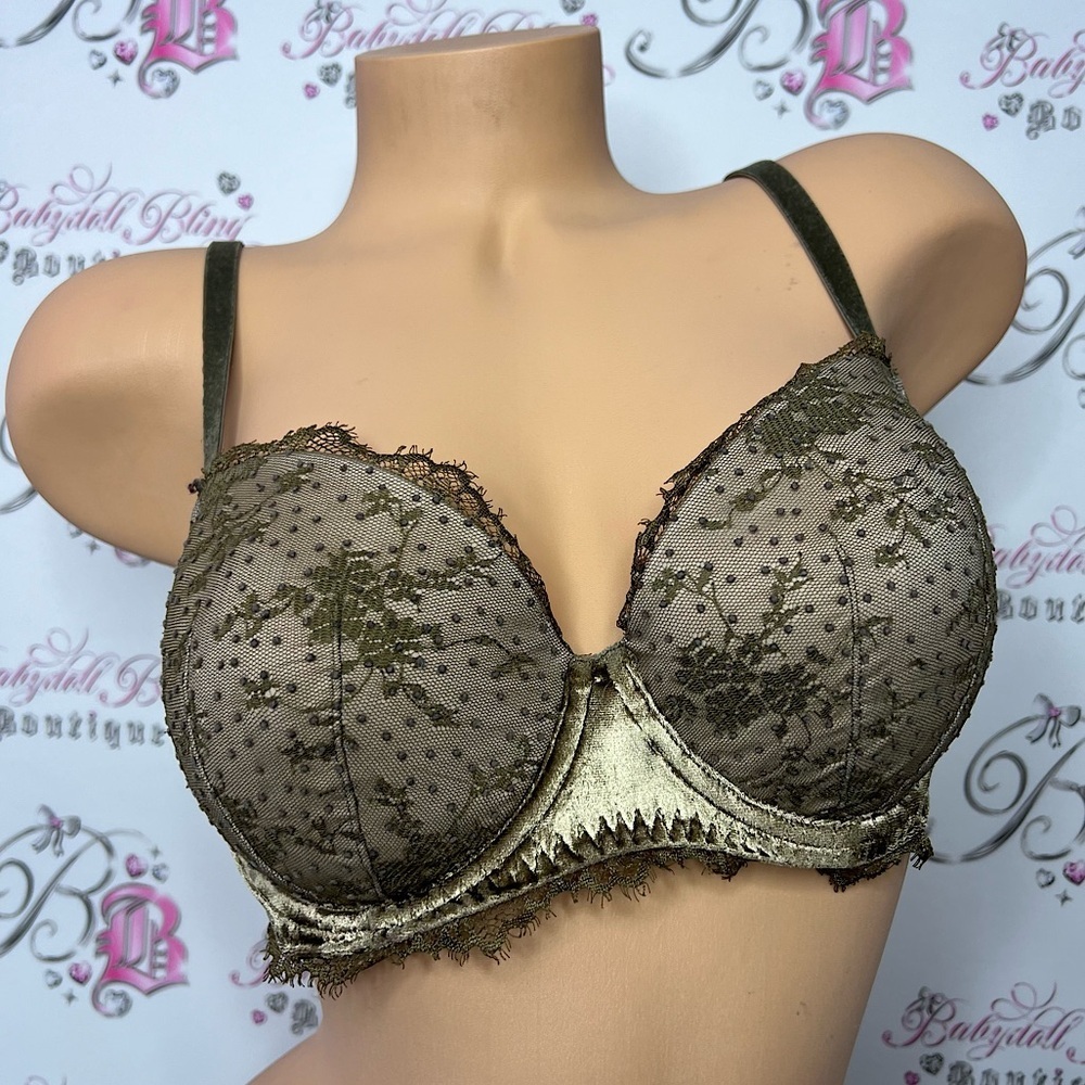 Victoria secret lined Demi bra green khaki lace velvet velour soft rare Angels